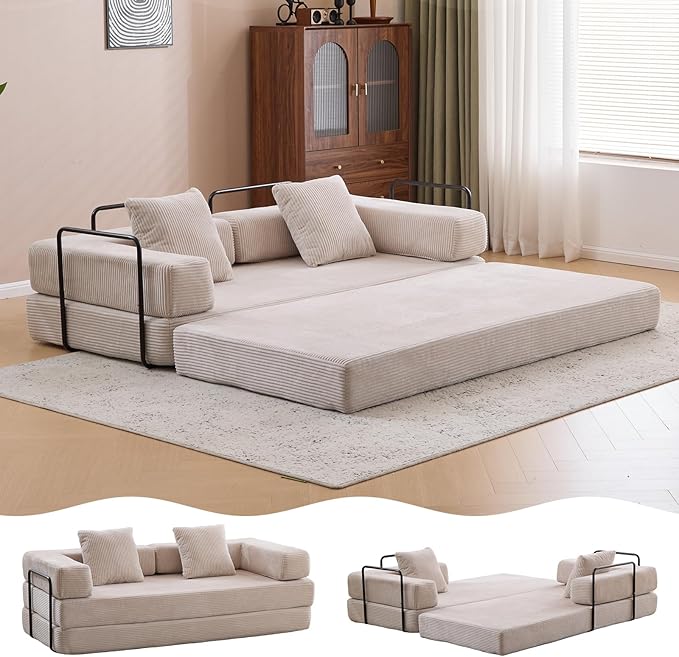 4-in-1 Convertible Folding Sleeper Sofa Bed, Fold Out Floor Sofa Couch with Fixed-Shape Frame, Cloud Corduroy Foldable Mattress Couch for Living Room Bedroom (77" Corduroy, Light Grey)