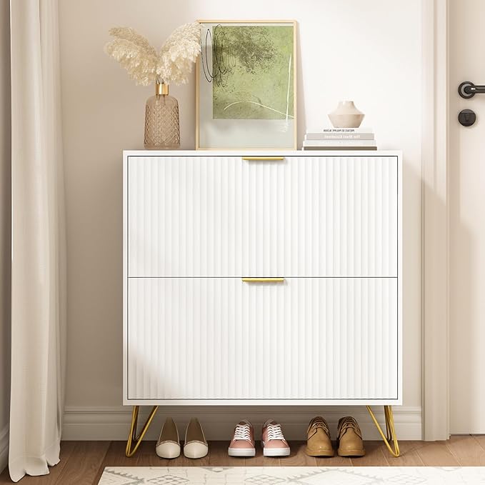Shoe Storage Cabinet with 2 Flip Drawers, Fluted White Shoe Cabinet Storage for Entryway Slim, Narrow Shoe Organizer Cabinet, Modern Freestanding Shoe Rack for Entryway, White