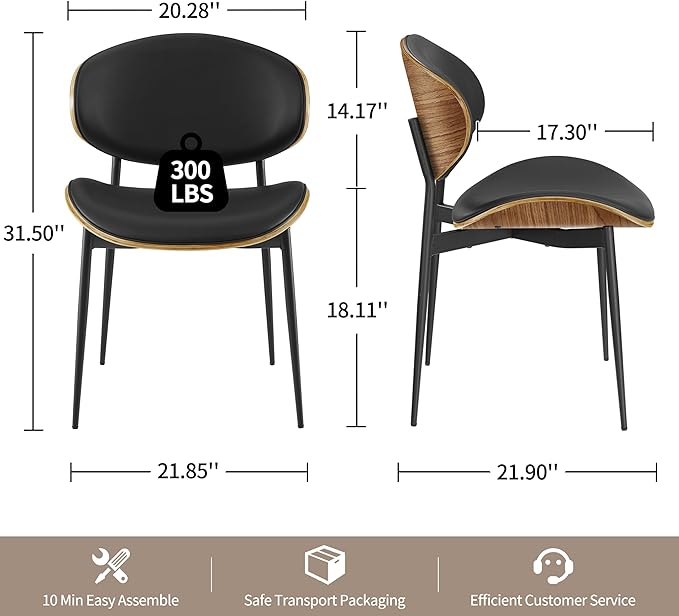 Art Leon Genuine Leather Dining Chairs Set of 2, Mid Century Modern Chair, Upholstered Kitchen Dining Room Chairs, Armless Accent Chair with Black Walnut Bendwood, Black