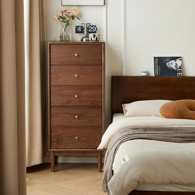 Solid Walnut Nightstand, Solid Wood Dresser with Drawers, Mid Century 5 Drawer Dresser for Beroom, 39.69" Tall Dresser for Living Room, Wooden Side End Tables for Hallway