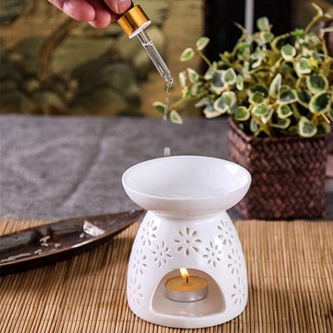 Ceramic Tea Light Holder, Aromatherapy Essential Oil Burner, Wax Warmer, Tealight Holder with White Floral Pattern for Home Decoration, 2PCS