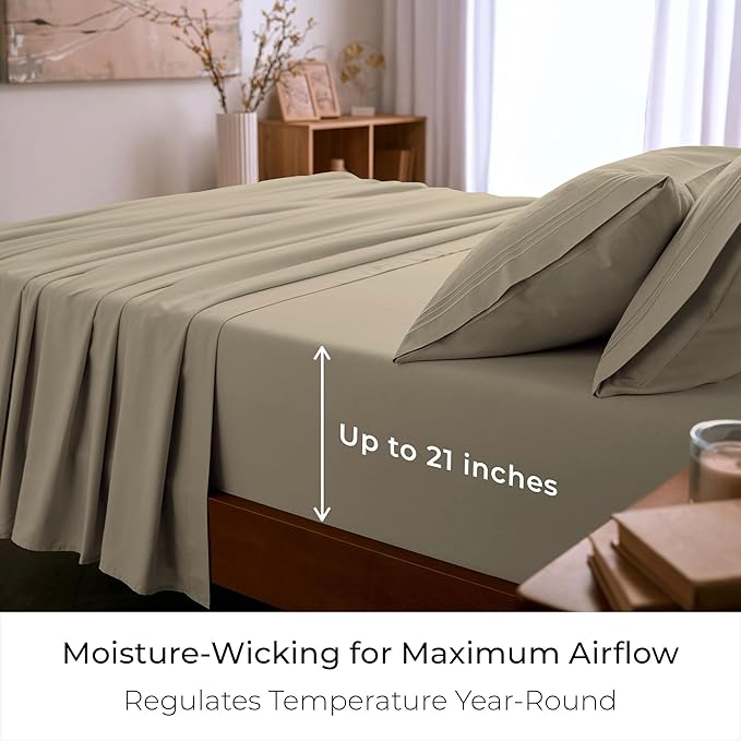 Mellanni Full Sheet Set - 6-Piece Iconic Collection Bedding, (Including 4 Pillowcases), 21-Inch Extra Deep Pocket, Easy Care, Ultra Soft, Cooling Sheets, Brushed Microfiber - New Beige