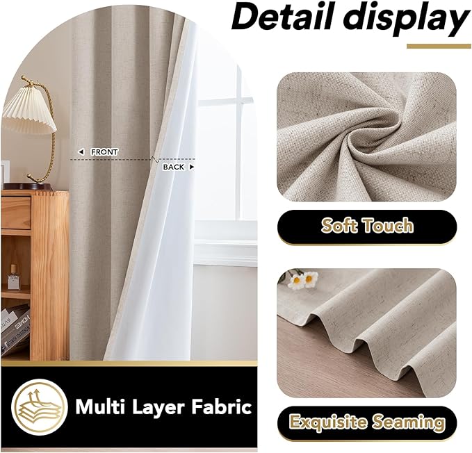 PrinceDeco Thick Linen Blackout Curtains Room Darkening Curtains 84 Inch Length Black Out Curtains for Bedroom Cold and Full Light Blocking Drapes with White Liner Grommet(2 Panels,Heathered Natural)