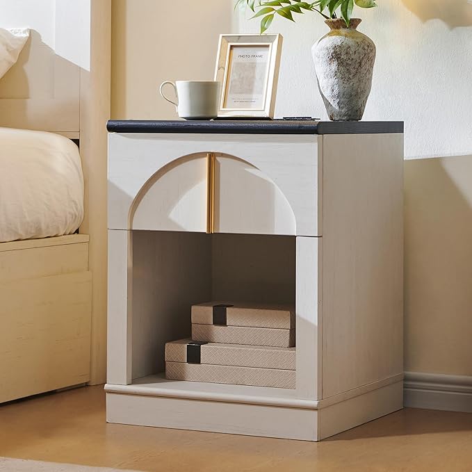 ACCOHOHO Modern Night Stand Set 2 with Arched Panel,18" Wooden nightstand with Charging Station,Bedside Table with Drawer Storage,Side End Table with Open Shelf for Bedroom,Living Room,White