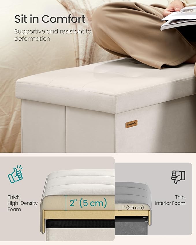 SONGMICS Mazie Collection - 43 Inches Storage Ottoman, Foldable Storage Bench with Flipping Lid, 660 lb Load Capacity, for Entryway, Living Room, Bedroom, Velvet Fabric, Cream White ULSF078LH01