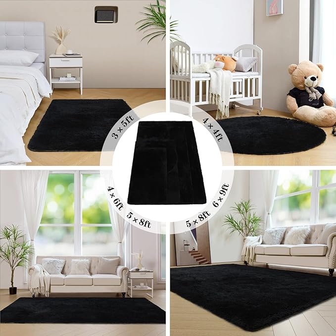duduta Black Rectangle Fluffy Rug 6x9 ft, Shag Fuzzy Plush Carpet for Bedroom Nursery Living Room Home Decor