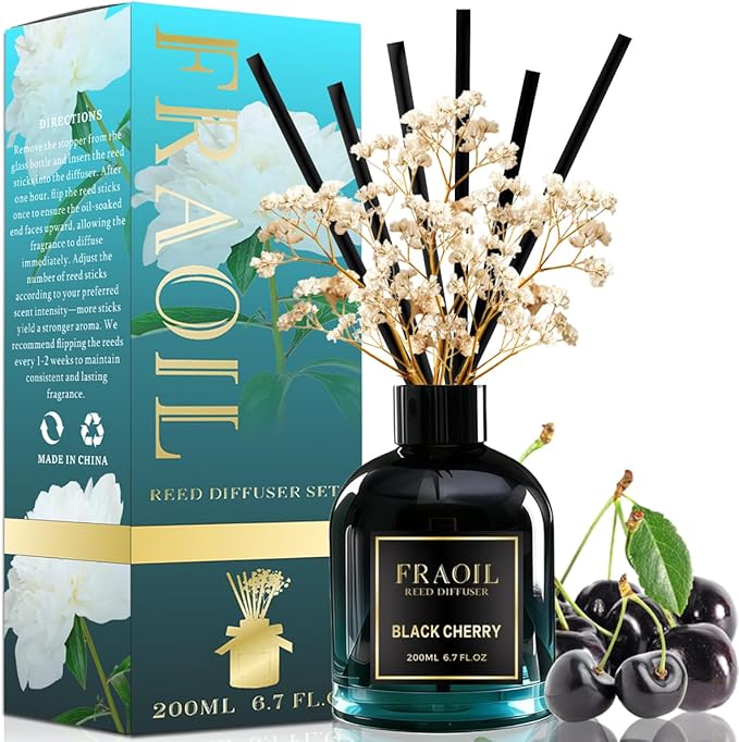 Black Cherry Reed Diffuser, Reed Diffuser Set 6.7 fl oz (200 ml) with 6 Reed Sticks, Home Fragrance Reed Diffuser for Bathroom Shelf House Bedroom Office Decor