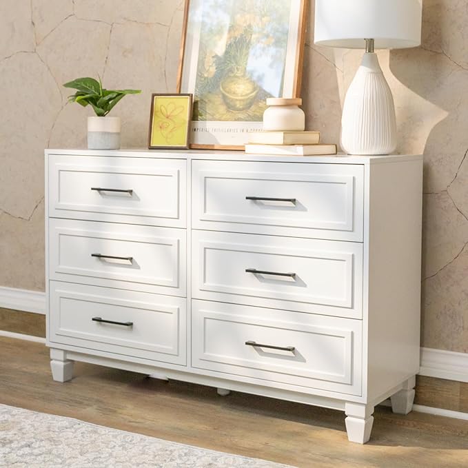 Farmhouse 6 Drawers Dresser for Bedroom, White Dressers with Unique Solid Wood Legs, Modern Wide Chest Dressers for Clothes, Closet, Living Room
