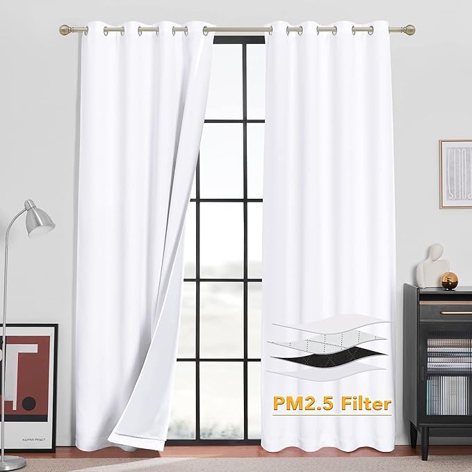 RYB HOME White Blackout Curtains for Bedroom,Noise Reducing Thermal Insulated Curtains and Drapes with Melt-Blown Fabric, Anti Dust PM2.5 Pollen Smog Filtering, Pure White, W52 x L72 inch, 2 Panel