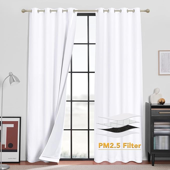 RYB HOME White Blackout Curtains for Bedroom,Noise Reducing Thermal Insulated Curtains and Drapes with Melt-Blown Fabric, Anti Dust PM2.5 Pollen Smog Filtering, Pure White, W52 x L90 inch, 2 Panel