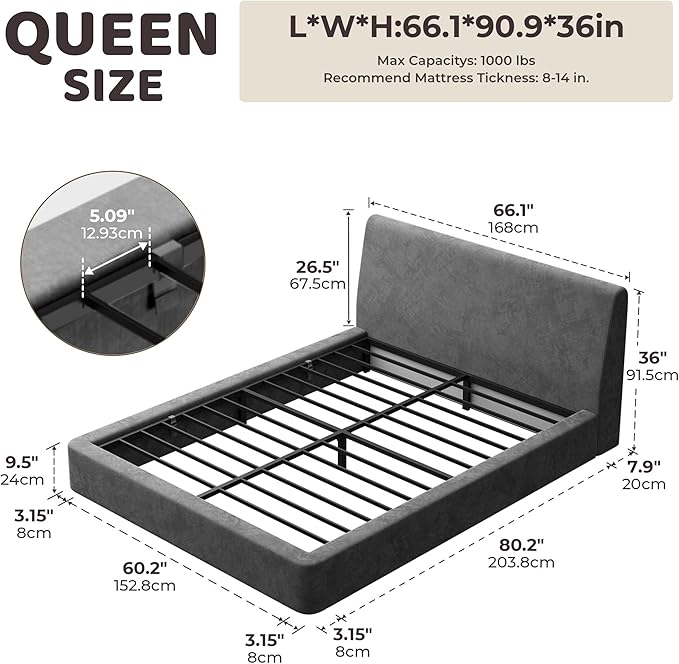 RECCI Cloud Queen Bed Frame with Ergonomic Angled Foam Cushioned Headboard, Minimalist Design Platform Bed Frame, No Box Spring Needed, Easy Assembly (Moon Grey)