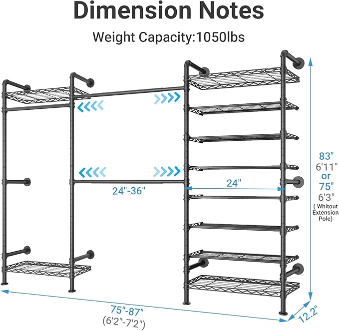 Timate S3 Wall Mounted Clothes Rack for Hanging Clothes Adjustable Width from 6'2" to 7'2", Expandable Freestanding Heavy Duty Hanging Garment Rack with 8-Tier Shoe Rack, Max Load 1050LBS, Black