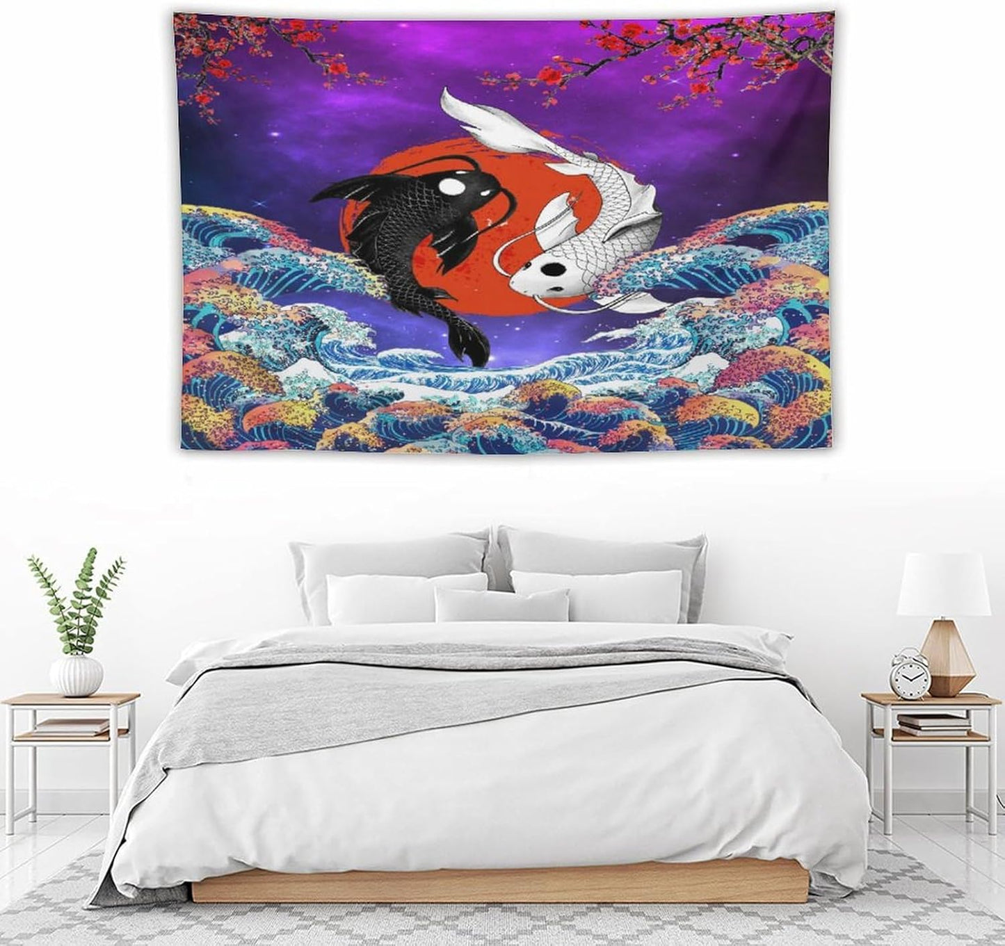 Houselerax Japanese Koi Fish Tapestry, Yin Yang Big Wave Cherry Blossom Tapestries Wall Hanging for Bedroom Living Room Office Decor 90"x60"