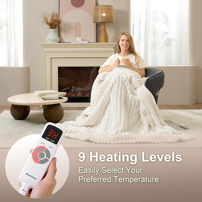 Hansleep Heated Blanket Electric Blanket Full Size, Heating Blanket with 9 Heating Levels and 10-Hour Timer Auto Shut Off, Washable Soft Warm Winter Blanket, 72 x 84 Inches, Beige