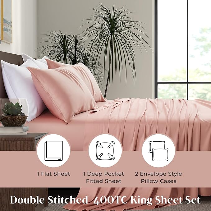Luxury Bamboo Market | King Size Bed Sheet Set | 100% Viscose Made from Bamboo | Organically Grown | Ultra Soft | Cooling Sheets for Hot Sleepers | 17" Deep Pocket [Rose Quartz]