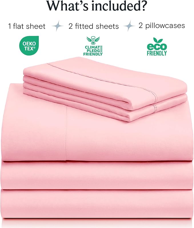 LuxClub 5 PC Split King Sheet Set, Deep Pockets Wrinkle Free Cooling Bed Sheets Hotel Bedding for Women, Men, Includes 1 Fitted Sheet, 1 Flat Sheet and 2 Pillowcases-Baby Pink