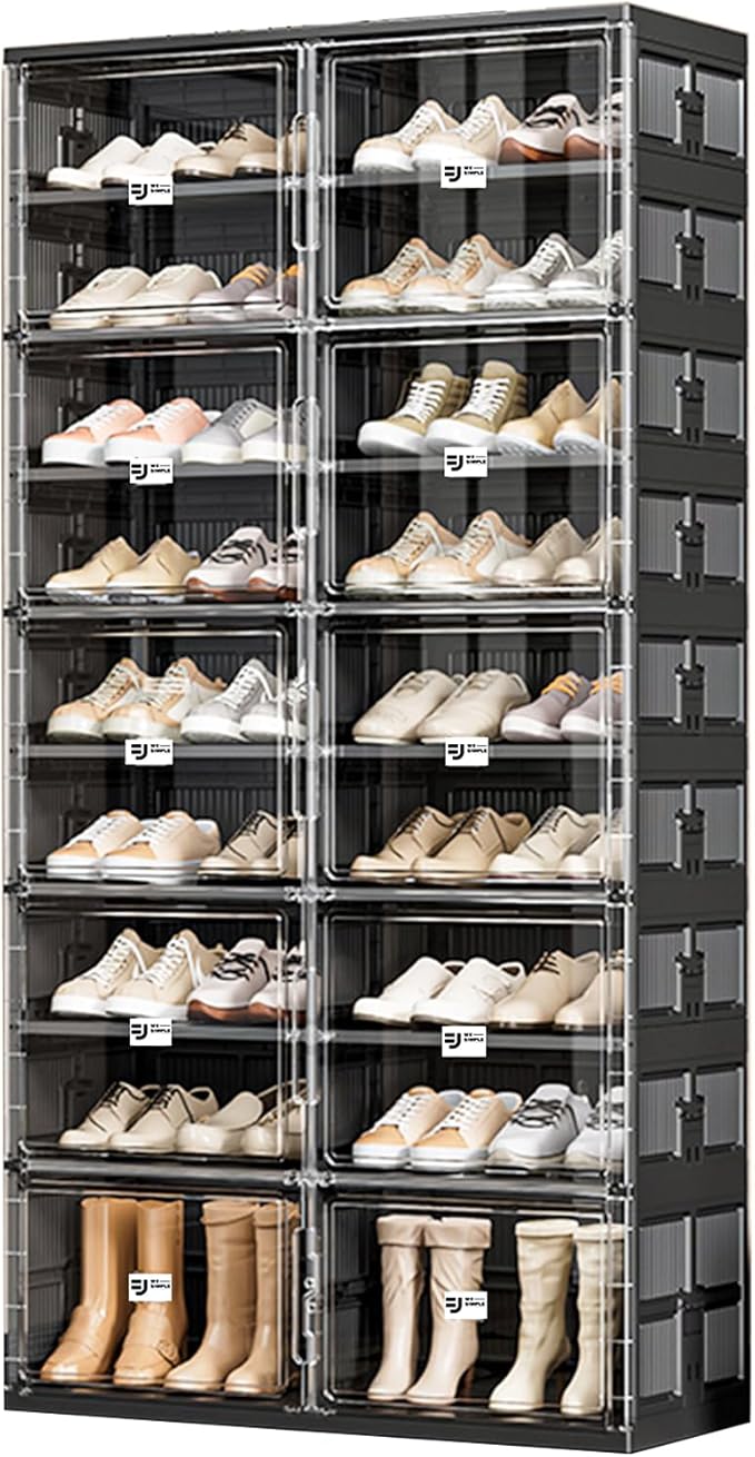 36 Pairs Portable Shoe Storage Cabinent of 3-Step Fast Installation,Plastic Shoe Box with Magnetic Clear Door for Entryway, Enclosed Shoe Rack for Sneaker, Heels etc.. (2Row, 9Tier)