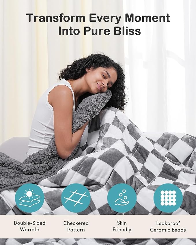 Sherpa Weighted Blanket for Adults Queen Size 15 lbs, Dual Sided Heavy Blankets with Checkerboard Pattern, Ultra Soft Cozy Throw Blanket for Calming and Sleep, Plaid Grey, 48" x 72"