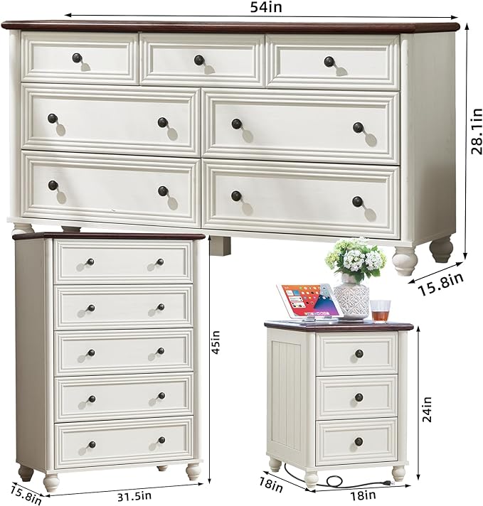 Farmhouse Dressers & Night Stand Set of 4, Wood 54" Wide Dresser & 45" Tall Chest of Drawers, 18" with Charging Station Nightstand Set of 2, Bedroom Furniture Dresser Set for Home Living Room Hallway