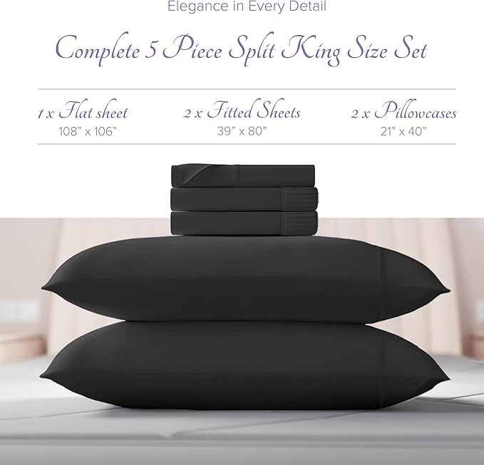 Carressa Linen Luxury Egyptian Cotton 5 PC Split King Size Sheet Set - 600 Thread Count Deep Pocket Fitted and Flat Sheet,Soft,Cooling Extra Long Staple Hotel-Quality Bedding with Sateen Weave - Black
