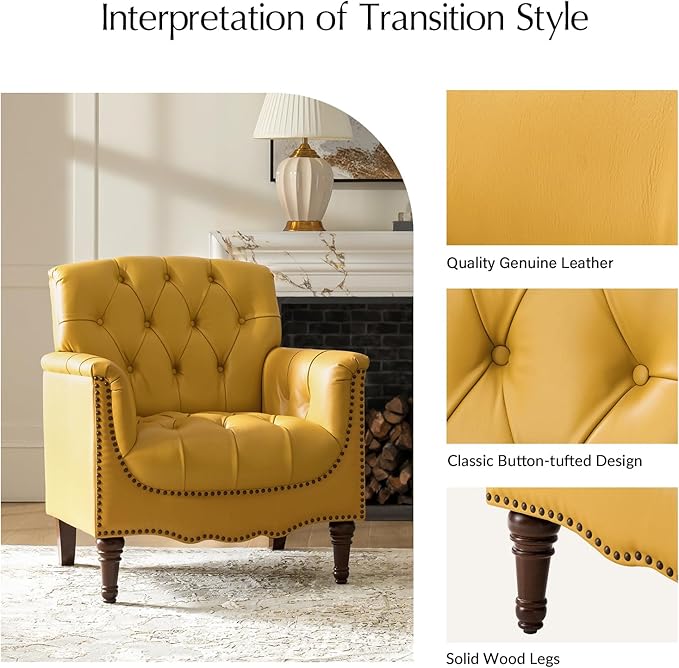 HULALA HOME Mid Century Modern Leather Club Chairs Set of 2, Top-Grain Genuine Leather Armchairs with Button-Tufted Back & Solid Wood Legs, Accent Chairs for Living Room/Bedroom/Home Office, Yellow