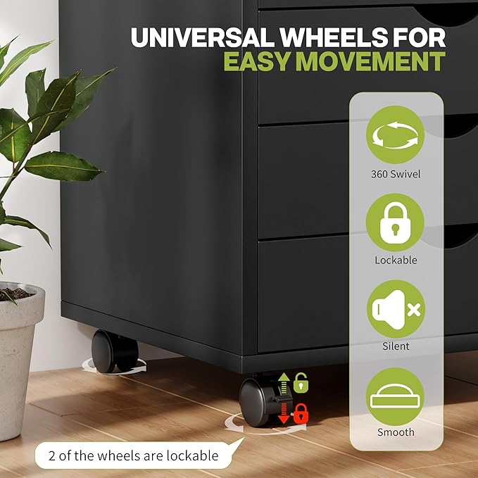 5-Drawer Chest, Office Storage Dresser File Cabinet with Wheels, Mobile Dresser for Home Office, Black