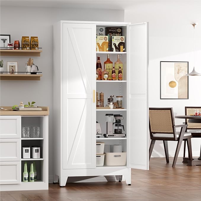 Farmhouse Pantry Cabinet,71" H x 31.5" W,Metal Cabinet with Adjustable Shelves and Barn Doors,5-Tier Storage Cabinet for Kitchen Dining Room Garage,White