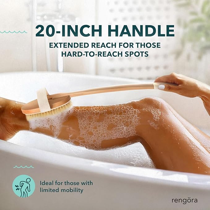 Back Scrubber for Shower - 20" Long Handle Shower Brush - Natural Bristle Back Brush - Ergonomic Handle + Silicone Anti-Slip Grip - Great Gift Idea - Men, Women + Elderly Love This (Regular Bristles)
