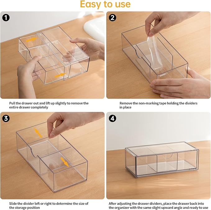 Medicine Cabinet Organizer 3 Pack, Plastic Stackable Storage with 2 Drawers, Bathroom Mirror Cabinet Organizer with Removable Dividers for Wall Cabinet, Vanity, Countertop, Clear