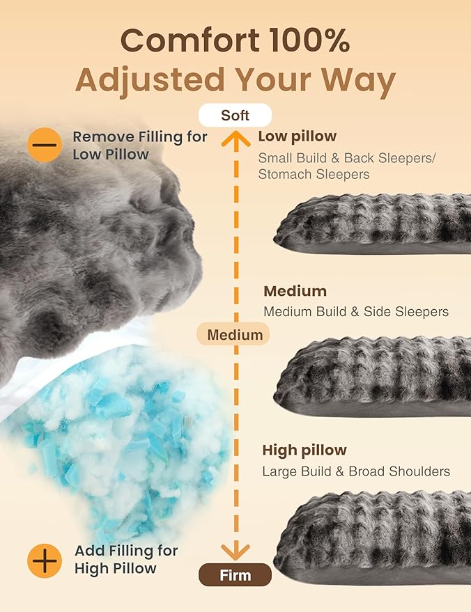 ZonLi Fluffy Bubble Body Pillow – Faux Rabbit Fur Long Pillow for Adults, 20x54 Inch Plush Body Pillow for Sleeping & Lounging, Dual-Sided Soft Cover with Adjustable Memory Foam Filling, Grey