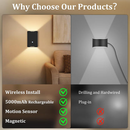 Eneru Rechargeable Motion Sensor Night Light: 5000mAh Black Battery Operated Wall Sconce with Remote Control, 3 Colors Wireless Stair Lights Indoor, Magnetic LED Night Lamp for Bedroom Hallway Closet