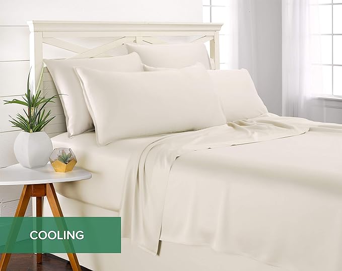 Pure Bamboo Split King Sheets, Genuine 100% Organic Viscose Derived from Bamboo Bed Sheet Set, Soft & Cooling, Double Stitching, 2 Fitted Sheets (Split King, Ivory)