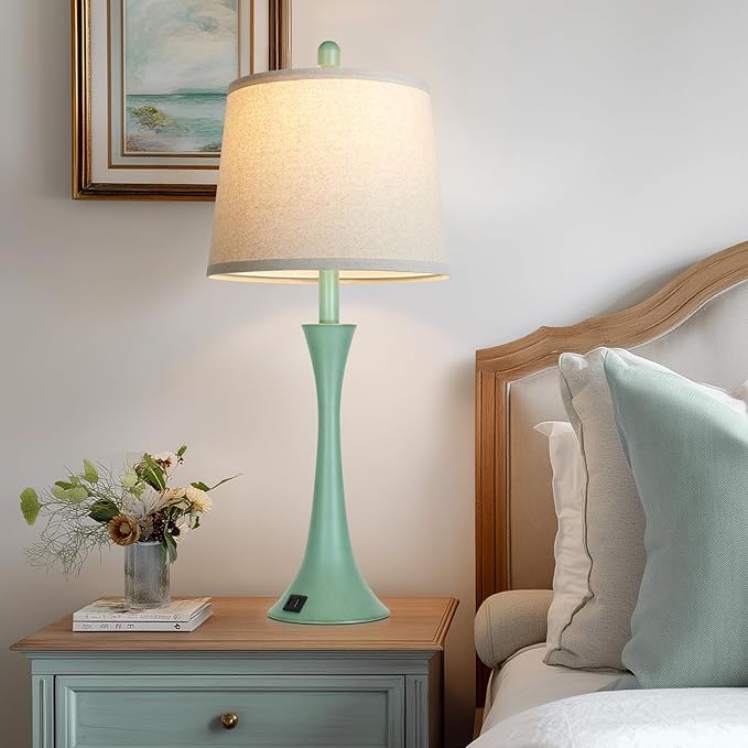 Coastal Modern Green Table Lamps Set of 2 for Living Room, 27.5" Tall Bedside Lamp with USB Charging Port,3-Way Dimmable Touch Nightstand Lamp for Bedroom Desk Side Table Office,Green