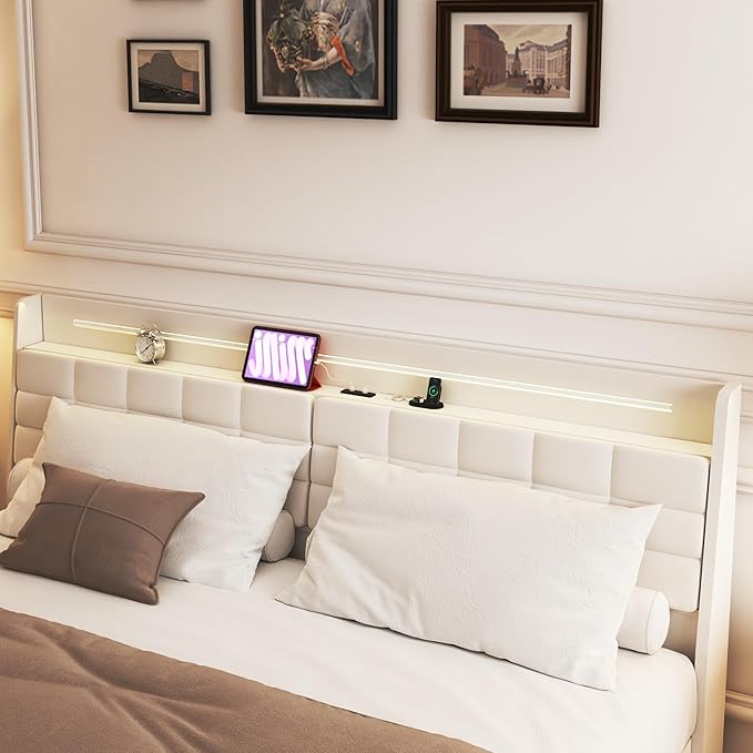 Queen Size Floating Bed Frame with LED Lights & USB Charging Ports, Upholstered Platform Bed with Storage Headboard & Hidden Shelves, Modern Floating Design for Bedroom or Guest Room, Beige