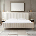 Livinia King Size Elton Velvet Platform Bed, Upholstered Bed Frame with Vertical Channel Tufted Headboard Footboard, Strong Wood Slats, No Box Spring Needed, Ivory (King)