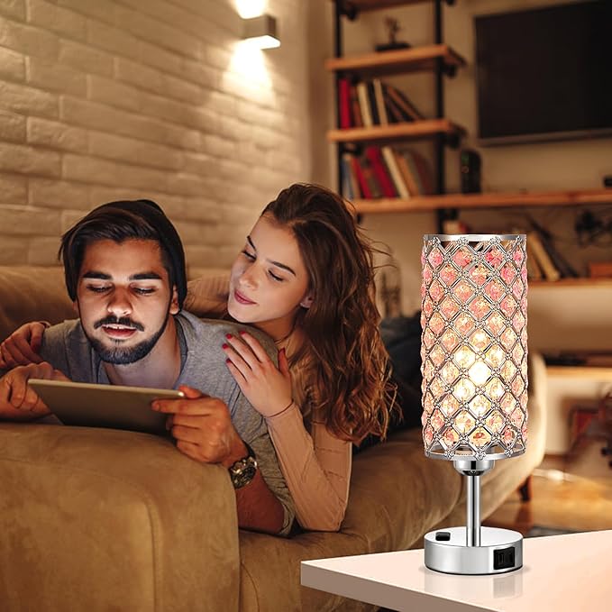 Pink Crystal Lamp Set of 2, 3 Way Dimmable Touch Lamp for Bedroom with Crystal Shade, Bedside Nightstand Lamps for Living Room Bedroom Home Office