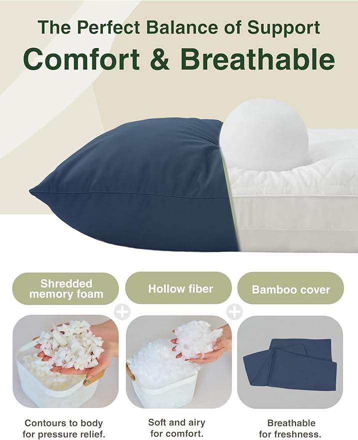 ZonLi Memory Foam Body Pillow for Adults Set, with Removable 20x54 Long Bed Pillow Bamboo Pillowcase, Firm Adjustable Body Pillow for Side Sleepers, Men & Dorm Rooms (Navy Blue)