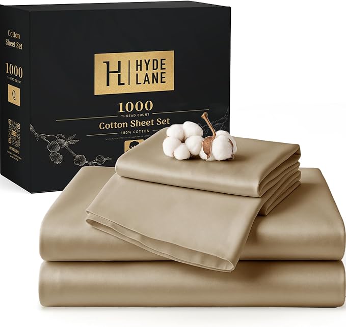 Hyde Lane Luxury 1000 Thread Count 100% Cotton Sheets | Very Soft & Thick - Fits Upto 20" Mattress | Sateen Weave Bed Sheets 18" Deep Pocket- 4 PC Sheet Set (Taupe, Queen)