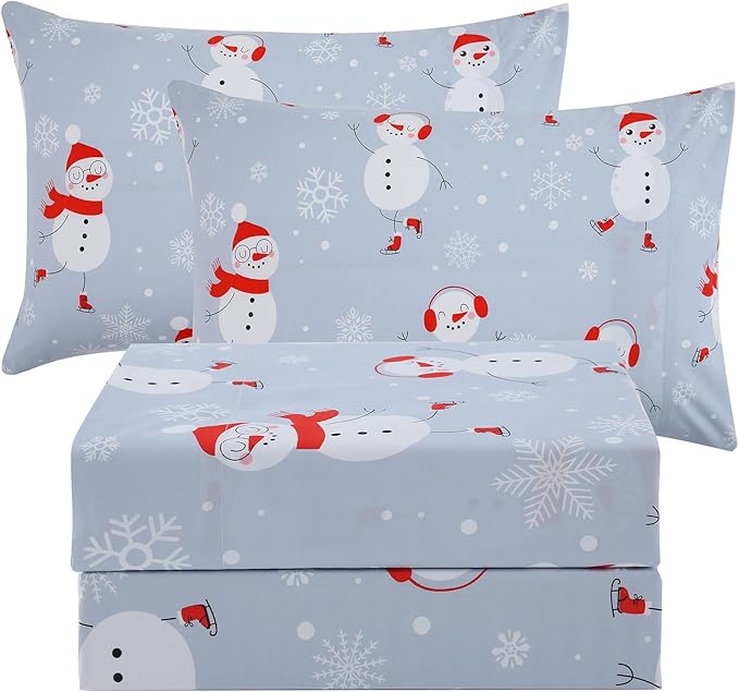 JSD Snowman Kids Sheet Set Full Size, 4 Piece Blue Snowflakes Christmas Printed Microfiber Sheets Deep Pocket