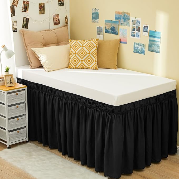 RIMELA Black Bed Skirt Twin 32 Inch Drop Silky Luxurious Fabric, Wrinkle and Fade Resistant with Adjustable Elastic Belt Easy to Install Machine Washable Dust Ruffles Bedskirt for Matress Box Spring