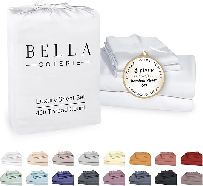 Bella Coterie Luxury Bamboo Viscose Cal King Size Sheet Set | 100% Organically Grown | Ultra Soft | Cooling for Hot Sleepers | 18" Deep Pocket [White]