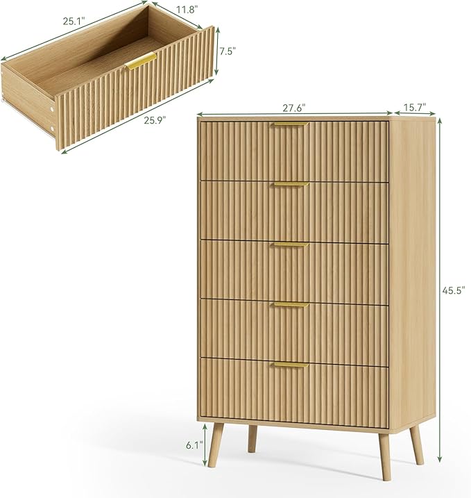 LYNSOM Fluted Dresser and Nightstand Sets 3 Piece, 5-Drawers Dresser and 1-Drawer Nightstands Set of 2, Wood Bedroom Furniture Set for Home, Bedroom, Hallway, Oak
