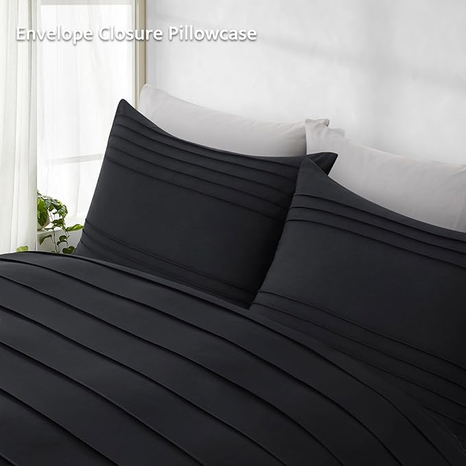 Oli Anderson Black Duvet Cover King Size - Pleated King Duvet Cover, 3PCS Soft and Breathable Textured Bedding Set with Zipper Closure(Black,104"x90")
