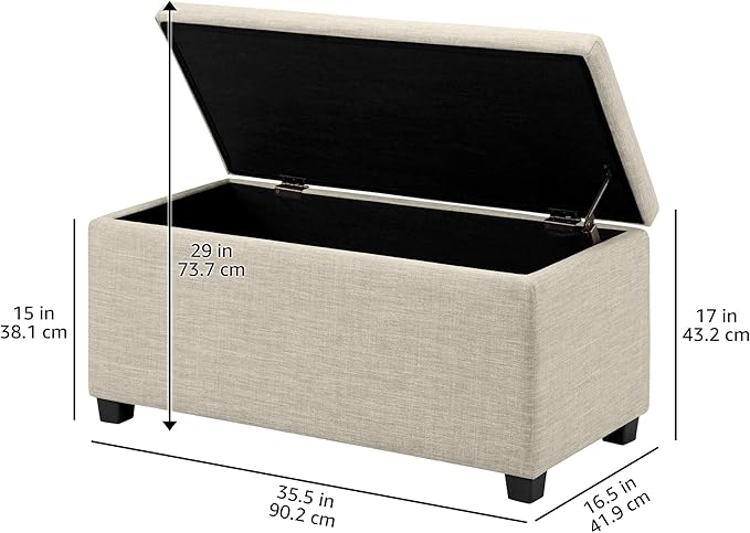 Amazon Basics Upholstered Storage Rectangular Ottoman and Entryway Bench, Polyester, Beige, 35.5"W x 16.5"D x 17"H