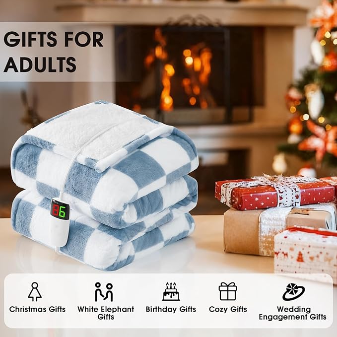 Heated Electric Blanket Twin Size, 62X84 Heating Blanket with 10 Heat Level & 8 Hours Auto Off, Misty Blue Checkered Plaid Soft Fleece Sherpa Blankets Warmer Gifts for Couch Grandma Women Adults