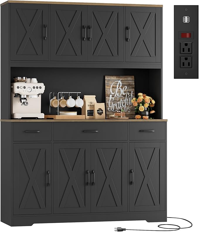 HOSTACK 71" Tall Pantry Cabinet with Charging Station, 55" Wide Kitchen Pantry Storage Cabinet with Countertop, Large Kitchen Hutch with Storage Drawers and Doors for Dining Room, Living Room, Black