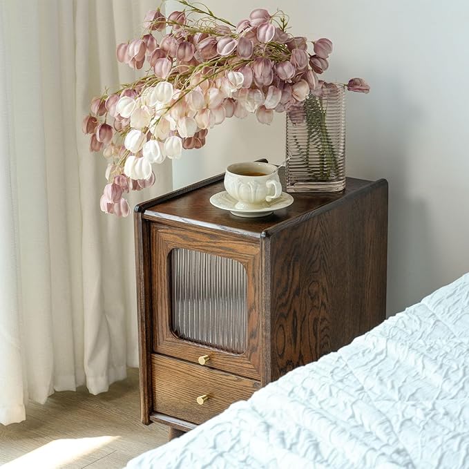 Mid Century Modern Narrow Nightstand with Drawers, Solid Wood Oak Bedside Table, Side Table, 11.81 W x 15.75 D x 21.26 H Inches, Walnut