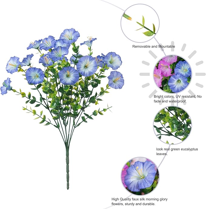 Artificial Flowers Fake Plants for Outdoors Decoration, 12 Bundles Silk Morning Glory with Eucalyptus Realistic UV Resistant Faux Flowers for Outside Planter Porch Yard Patio Garden Home Indoor, Mix