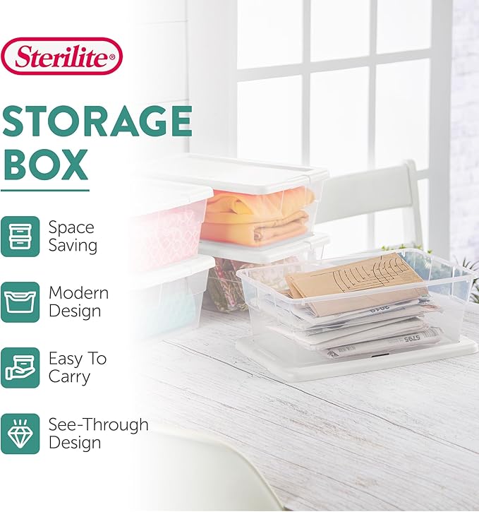 Sterilite 24-Pack 6 Quart Storage Box, Stackable Clear Plastic Bins with Snap-On Lids - Heavy-Duty Organizing Containers for Closet, Bathroom, and Office