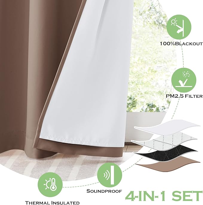 KGORGE 4-in-1 Soundproof Anti Dust 100% Blackout Curtains with Melt-Blown Layer Noise Reducing Thermal Insulating Window Drapes for Bedroom Nursery, W 52 x L 84, Mocha, 2 Panels